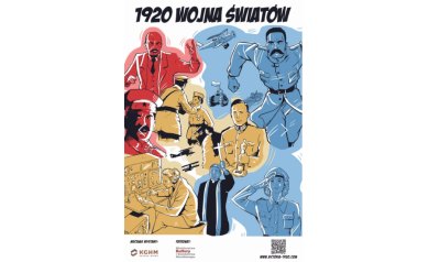 To jest plakat historyczno-edukacyjny zatytułowany „1920 Wojna Światów”. Na grafice w komiksowym stylu przedstawiono postacie i sceny związane z wojną polsko-bolszewicką 1920 roku. Na dole umieszczono logotypy partnerów i mecenasów wystawy. Grafika zawiera kolory w odcieniach czerwieni, żółtego, niebieskiego, białego i czarnego. 