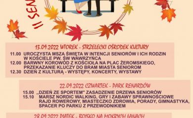 Plakat II Senioriady Strzeleckiej z września 2022 roku. Grafika ma jesienną kolorystykę z motywem liści i grafiką starszej pary na ławce. Zawiera program wydarzenia oraz logotypy organizatorów.