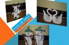 Trzy zdjęcia rękodzieła (figurka krowy, dwa bałwany i dwa łabędzie) wykonane metodą origami znajdujące się na niebiesko-biało-pomarańczowym tle z napisem ,,KADŁUB WIEŚ', ,,SZTUKA ORIGAMI'.
