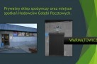 Slajd przedstawiający zdjęcia prywatnego sklepu spożywczego oraz miejsca spotkań Hodowców Gołębi Pocztowych w Warmątowicach.