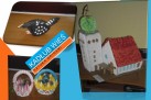 Trzy zdjęcia rękodzieła (kościół, ptak, dwa koszyczki wypełnione kroszonkami) wykonane metodą origami znajdujące się na niebiesko-biało-pomarańczowym tle z napisem ,,KADŁUB WIEŚ', ,,SZTUKA ORIGAMI'.