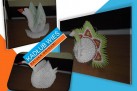 Slajd przedstawiający zdjęcia figurek łabędzi i pawia wykonanych sztuką origami. Slajd posiada również napis: na niebieskim tle ,,Kadłub Wieś' i na pomarańczowym tle ,,Sztuka Origami'.