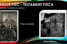 Slajd przedstawia stare, czarno-białe zdjęcia oraz napisy ,,KADŁUB PIEC - TESTAMENT PIECA', ,,Historia miejscowości', ,,Ołtarz w kościele', ,,Stacja kolejowa'.