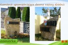 Slajd przedstawiający zdjęcia kamieni upamiętniających dawne nazwy dzielnic w Rozmierce.