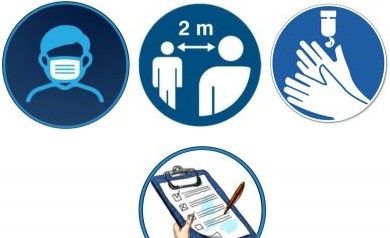 To jest informacyjna grafika dotycząca zasad bezpieczeństwa podczas wydarzeń organizowanych przez Strzelecki Ośrodek Kultury (SOK). Na górze znajdują się trzy ikony: osoba w maseczce ochronnej, zachowanie dystansu 2 metrów, dezynfekcja rąk. Niżej umieszczono rysunek dłoni trzymającej długopis i wypełniającej formularz na podkładce. Pod grafikami widnieje napis: „POZNAJ ZASADY BEZPIECZEŃSTWA PODCZAS WYDARZEŃ SOK”. 
