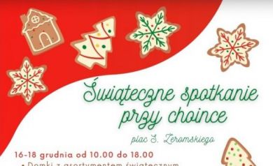 Plakat dotyczący świątecznego spotkania przy choince.