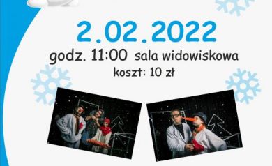 Plakat dotyczący bajki o bałwanku pt. ,,Bałwanek o gorącym sercu' organizowanego przez Strzelecki Ośrodek Kultury. 