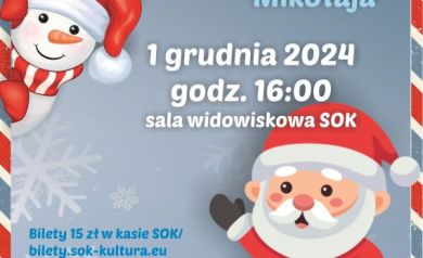 Plakat dotyczący teatrzyku dla dzieci pt. ,,Świąteczny Cud' połączony z wizytą Mikołaja. 