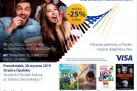 Plakat dotyczący Objazdowego Kina Visa. Przedstawione są seanse jakie miały być puszczane w Strzeleckim Ośrodku Kultury.