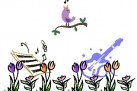Ilustracja przedstawia wiosenną, muzyczną scenę z kwiatami, nad którymi unoszą się symbole instrumentów i nut, a na gałązce śpiewa fioletowy ptaszek.
