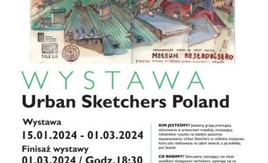 Plakat dotyczący wystawy ,,Urban Sketchers Poland'. 