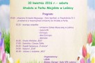 Plakat przedstawiający program i zapraszający na Leśnicką Majówkę - Święto Kwiatów, odbywające się w Stodole w Parku Miejskim w Leśnicy 20 kwietnia 20216 roku (sobota). 