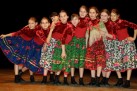Zdjęcie grupowe tancerek ubranych w czerwone bluzki, różnokolorowe, kwieciste spódnice i czarne buty. 