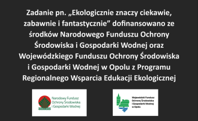 Zdjęcie przedstawia czarne tło z białym tekstem informującym o dofinansowaniu projektu pod tytułem „Ekologicznie znaczy ciekawie, zabawnie i fantastycznie”. Projekt został sfinansowany przez Narodowy Fundusz Ochrony Środowiska i Gospodarki Wodnej oraz Wojewódzki Fundusz Ochrony Środowiska i Gospodarki Wodnej w Opolu w ramach Programu Regionalnego Wsparcia Edukacji Ekologicznej. Na dole znajdują się dwa logotypy: po lewej logo Narodowego Funduszu Ochrony Środowiska i Gospodarki Wodnej (czerwono-zielone), po prawej logo Wojewódzkiego Funduszu Ochrony Środowiska i Gospodarki Wodnej w Opolu (zielono-niebieskie). Całość ma prosty, czytelny design, z kontrastującymi kolorami dla lepszej widoczności. - powiększ