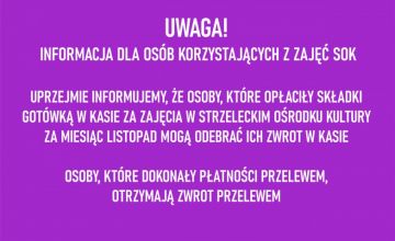 Grafika z fioletowym tłem i informacja dla osób korzystających z zajęć SOK o zwrocie składek za miesiąc listopad. 